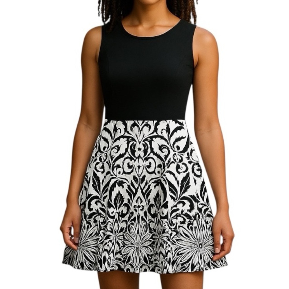Lauren Ralph Lauren Black and White Abstract Floral Fit and Flair Midi Dress